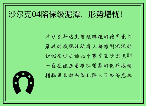 沙尔克04陷保级泥潭，形势堪忧！