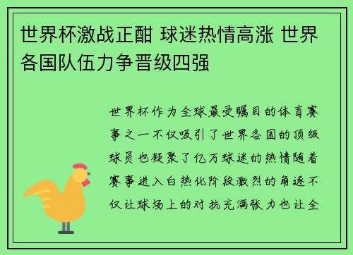 世界杯激战正酣 球迷热情高涨 世界各国队伍力争晋级四强