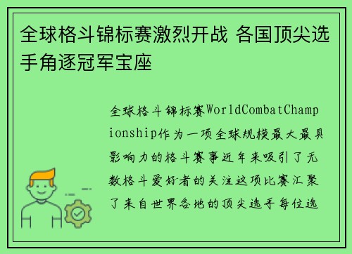全球格斗锦标赛激烈开战 各国顶尖选手角逐冠军宝座