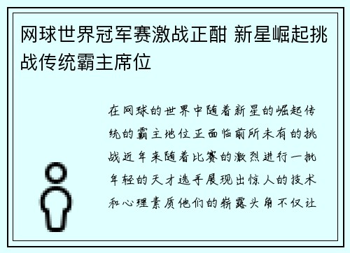 网球世界冠军赛激战正酣 新星崛起挑战传统霸主席位