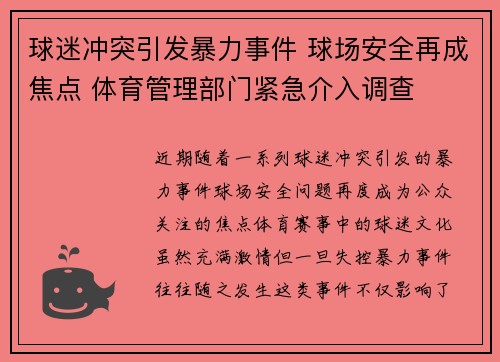 球迷冲突引发暴力事件 球场安全再成焦点 体育管理部门紧急介入调查